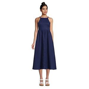 Land’s End Dress Pockets Linen halter smocked high neck adjustable midi navy XSP